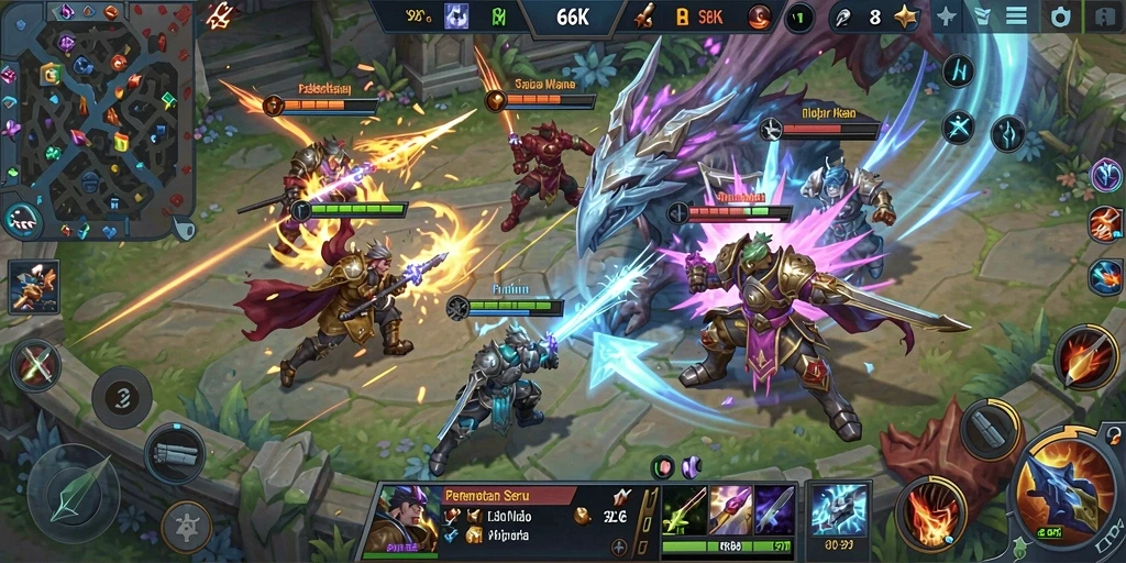 Tangkapan layar menampilkan pertempuran seru dalam game MOBA 66K.