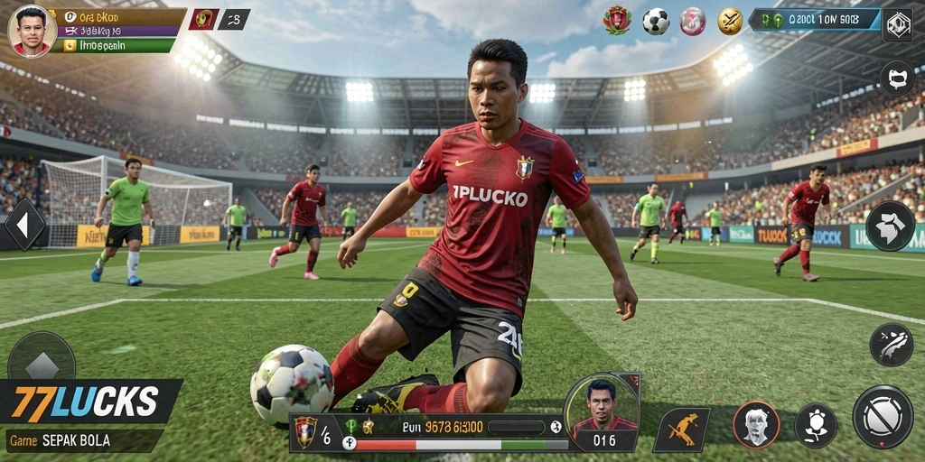 Screenshot utama gameplay 77LUCKS dengan aksi sepenuhnya di lapangan.