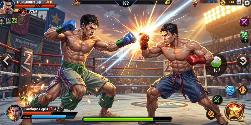 Tampilan mendebarkan dari gameplay Fighting 8768 di arena pertarungan.