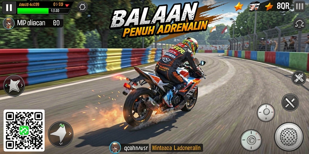 Screeshot gameplay 8QR menampilkan aksi balapan motor yang mendebarkan.