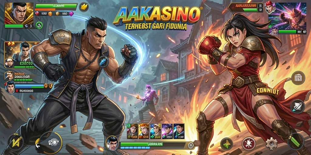 Gameplay seru AAKASINO dengan pertarungan intens dan bertahap.