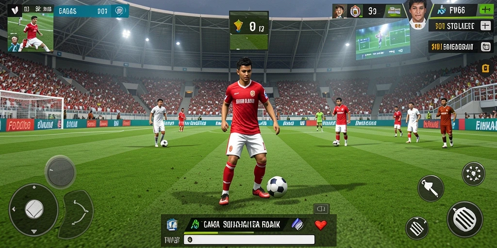 Screenshot gameplay FW66 menampilkan aksi seru permainan sepak bola.