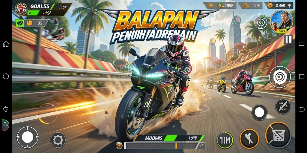 Tampilan gameplay seru balapan motor di GOAL55.