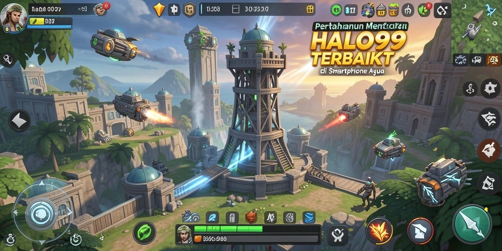 Tampilan gameplay HALO99 dengan berbagai menara pertahanan yang strategis.