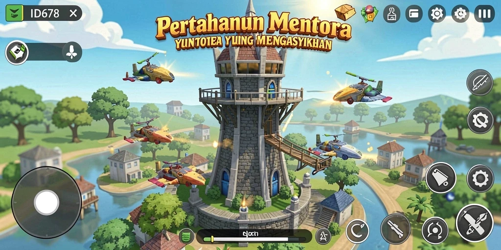 Tampilan menarik dari gameplay Tower Defense di ID678.