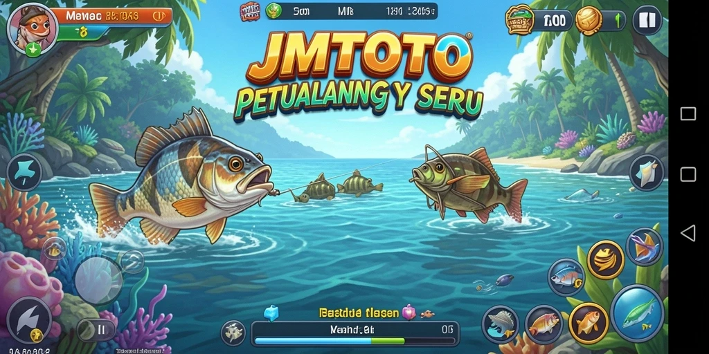 Screenshot gameplay JMTOTO menunjukkan momen menangkap ikan besar.