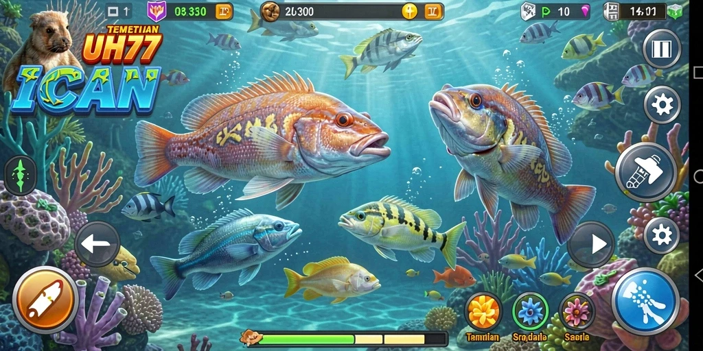 Screenshot UH77 menunjukkan aksi seru memancing ikan di bawah laut.