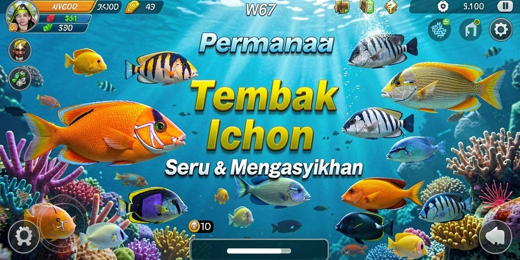 Screenshot utama W67 menampilkan aksi menembak ikan yang mendebarkan.