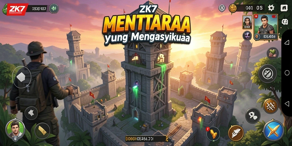 Tampilan gameplay ZK7 dengan menara yang siap bertahan dari serangan musuh.